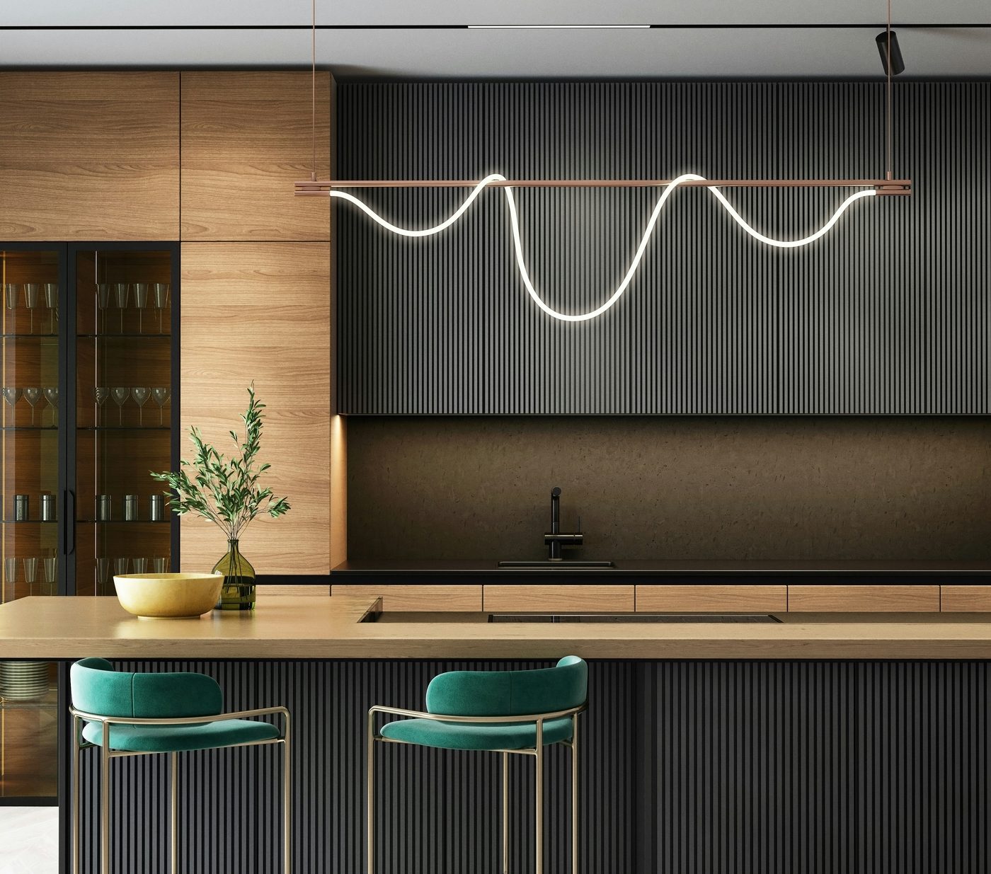 Modern kitchen with sculptural pendant lighting and teal bar stools