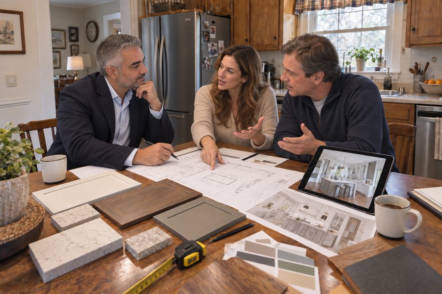 Design team reviewing material samples and plans with clients