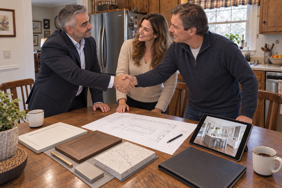 Handshake between designer and clients over kitchen plans